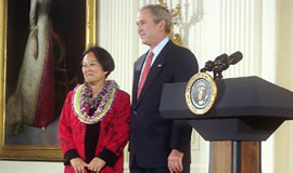 Linda Uehara with President George W. Bush. Photo from Marcie Herring.