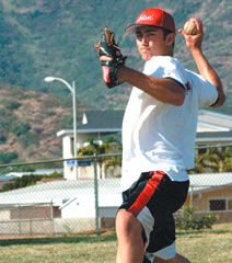 Greg Hackler of Hawaii Kai practices his pitch in preparation for the American Legion League. Photo by Nathalie Walker, staff photographer.