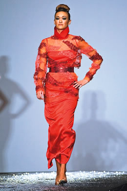 Julie Ranoa: red high-collar longsleeve dress