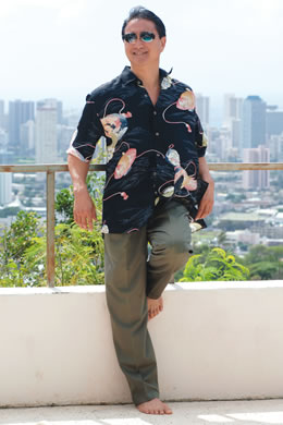 Mark Doo: Citron silk shirt with koi and dragon design (unisex) $154
