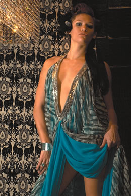 Charo Garcia: Indashio zebra and turquoise chiffon dress with sequin plunge v-neck $5,000