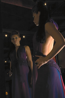 Charo Garcia: Indashio purple plunge V-neck silk chiffon gown with embroidered band waist $10,000