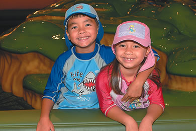 Ku'i and Hilina'i Gilliland (6-year-old twins): Earth Nymph wet shirt $30, Earth Nymph flap hat $12