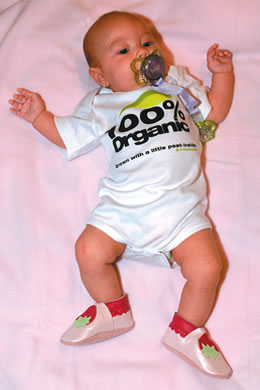 Tiare Pieper-Dilcher (4 months old): Babygags 'organic' onesie $16, Bobux strawberry print shoes $28