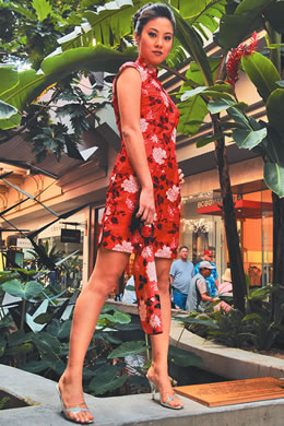 Teresa Lu: dupeony sleeveless qi pao in Chinese garden print $625, silk suede clutch $215