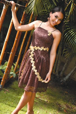 Courtney Miyaguchi: brown lace dress w/gold belt by Takeo $500