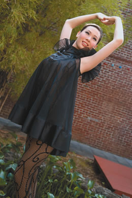 Emma Wo: black silk organza and silk charmeuse dress by Andy South $220, body stocking $28