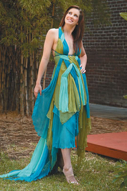 Jonelle Layfield: green and blue braided silk/chiffon dress by Andy South $225