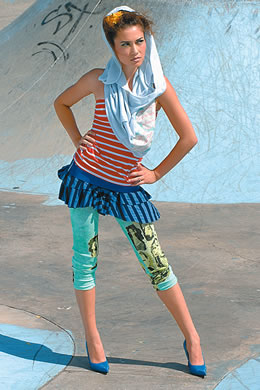 Krista Alvarez: Red and white striped tube top $16, blue circle skirt $29, greystone hooded slipdres