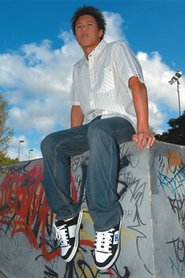 Mitchell Chong: DC Shoes ‘Milton’ woven shirt $42, Quiksilver ‘Sequel- Lui’ pants $49.50, DC