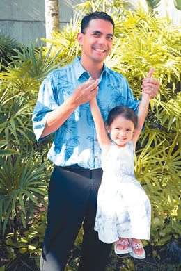 James Moniz with daughter Kylie: Hawaiian Moon 'Lanikai' in blue men's shirt $64, Hawaiian Moon 'Lan