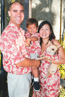 The Ho family (Kevin with son Zachary, wife Jessica and pup Kasey): Hawaiian Moon 'Kona' in cinnamon