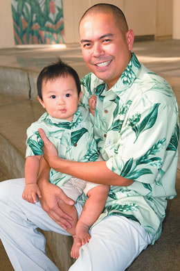 Travin Makinano with son Koen: Hawaiian Moon 'Ginger' in sage men's shirt $64, toddler shirt $29