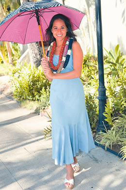 Rachel Hartley: Hawaiian Moon 'Hokulani' dress in 'Laua'e jacquard blue' $82, Sunbrella Hawaii umbre