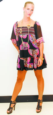 Mischa Shackelford: bebe printed silk kimono dress, bebe 'corsica' sandal $139