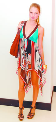 Genevieve Rokero: bebe printed scarf hem dress, bebe 'ashley' sandals $139, bebe basket weave hobo $