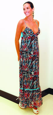 Melissa Drumm: bebe printed maxi dress, bebe 'zahara' white patent platform sandal $149