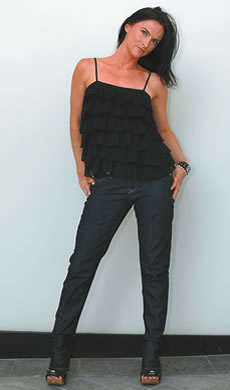 Katie Pena: Old Navy black ruffle top $24.50, Old Navy 'The Diva' skinny jeans $29.50