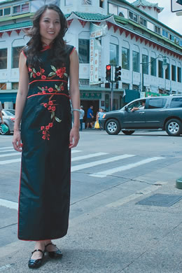 Narcissus Queen Catherine Jayne: black and red long cheongsam from Sue Wah Wear $30