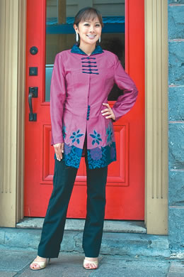 Jacklyn Ma: long pink jacket with green Chinese knot buttons $45 from Sue Wah Wear