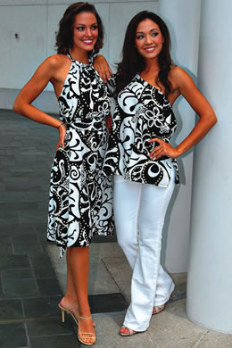 Jalee Kate Fuselier (Miss Diamond Head): Manuhealii 'Moani' dress in black-and-white pakalana print 