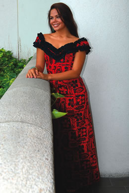 Tatiana Echevarria (Miss Island Kukui): Princess Kaiulani Fashions red dress in baby Tahiti $172