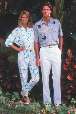 Young Hawaii ladies jumpsuit with elasticized waist $54, a men's tropical print shirt $32