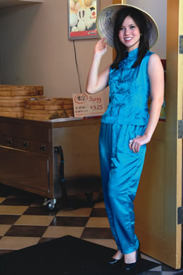 Kacie Pang: Blue two-piece pantsuit $35.99, hat $8