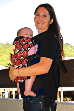Mel Jackson with Bella Catalina Shuck: Angel Pack eco-friendly baby carrier $139