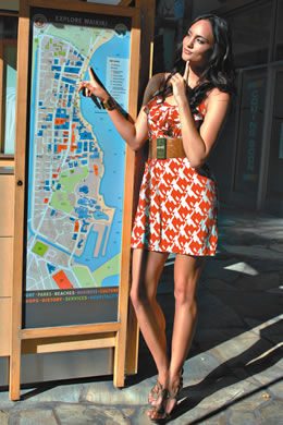 Justine Edwards-Miguel: Everly red and white geometric print dress $44, belt $18, cuff $22, snakeski
