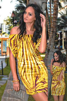 Justine Edwards-Miguel: Audrey 3+1 tie-dye backless dress $45, bamboo and metal bangles $15 (set)