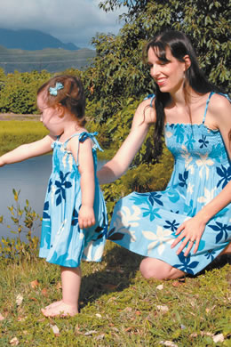 Emmanuelle and Mikayla Sailor: Kailua Girl rayon floral print dress (girls' $15, women's $30)