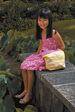 Payton Murai: Roxy pink and white dress $36, Roxy stripe tote $24