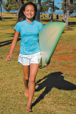 Taylor Widner: Xcel girls' short-sleeve Ventx top $28, Xcel juniors' 'Leilani' boardshorts in white 