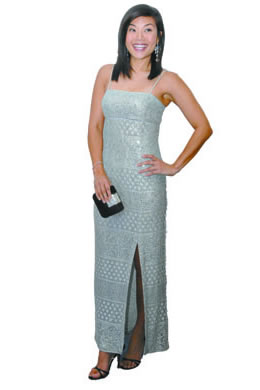 Stephanie Lum: silver spaghetti strap dress with slit $20