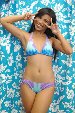 Miss Hawaii High School America Alyssandra Baniqued: Billabong tie-dye halter bikini top $40.95,