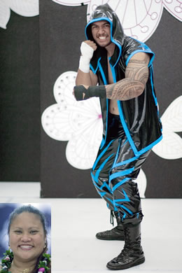 Jarene Barrett, Wicked Tights and Gear: Black pleather hoody and pants in turquoise tribal print mod