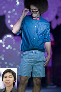 Curtis Ho: Poly-cotton button-down shirt with bow tie and stripe seersucker shorts modeled by Marcel