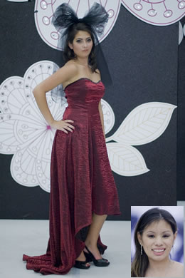 Sara Min: Polyester strapless gown modeled by Jen King.
