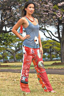 Melissa McMurray: Heart applique tank top $59, peach patch pants $160, braided chain necklace $38