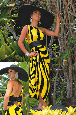 Shylenn Hall: 'Safari Monte Carlo' black-and-yellow safari print one-shoulder wrap dress with faux