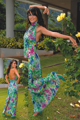 Anela Iokia: High-neckline floral silk chiffon dress with open back by Jeanie Chun Designs $1,195
