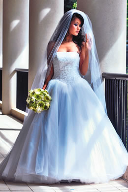 Anela Iokia: Oleg Cassini for David's Bridal tulle ball gown with fully beaded bodice and sweep trai