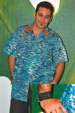 Justin Prem: Kim Messier Indo batik aloha shirt $86, Island Edge sting ray cuff $34