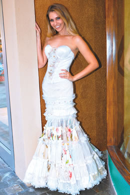 Kaitlyn Metcalf: Bernard Foong white bustier with gold and white roses $249, white skirt $3,000