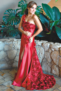 Kristen StephensonPino: Bernard Foong 'red rose' one-shoulder gown with rose applique $3,000