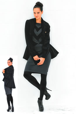 Justine Godfrey: SOUTH by Andy South inset cocktail dress $306, wool coat $338 (front and back view)