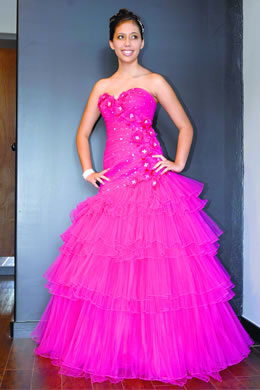 Nokeakua Souza: Mori Lee by Madeline Garnder pink strapless gown with 3-dimensional flowers, and tie