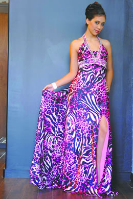 Nokeakua Souza: Mori Lee by Madeline Gardner pink and black halter dress $325
