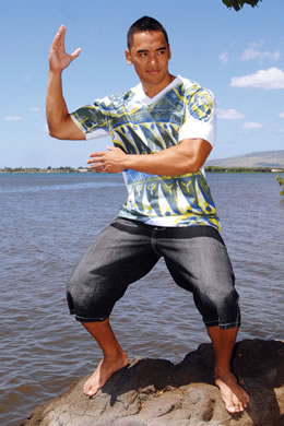 Michael Ahina: Missing Polynesia hand-painted V-neck shirt $40